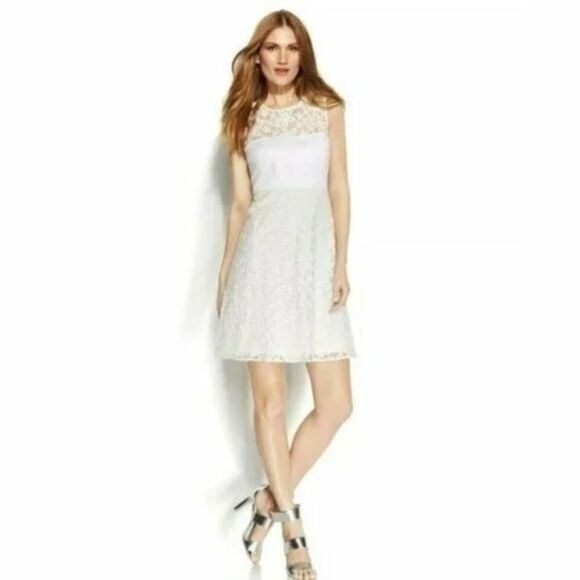 Calvin Klein White Floral Embroidered Organza Fit and Flare Dress Women's 8 - Picture 1 of 8